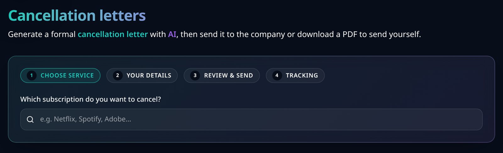 Screenshot of the VesperForge cancellation letter builder showing the four-step flow and service search