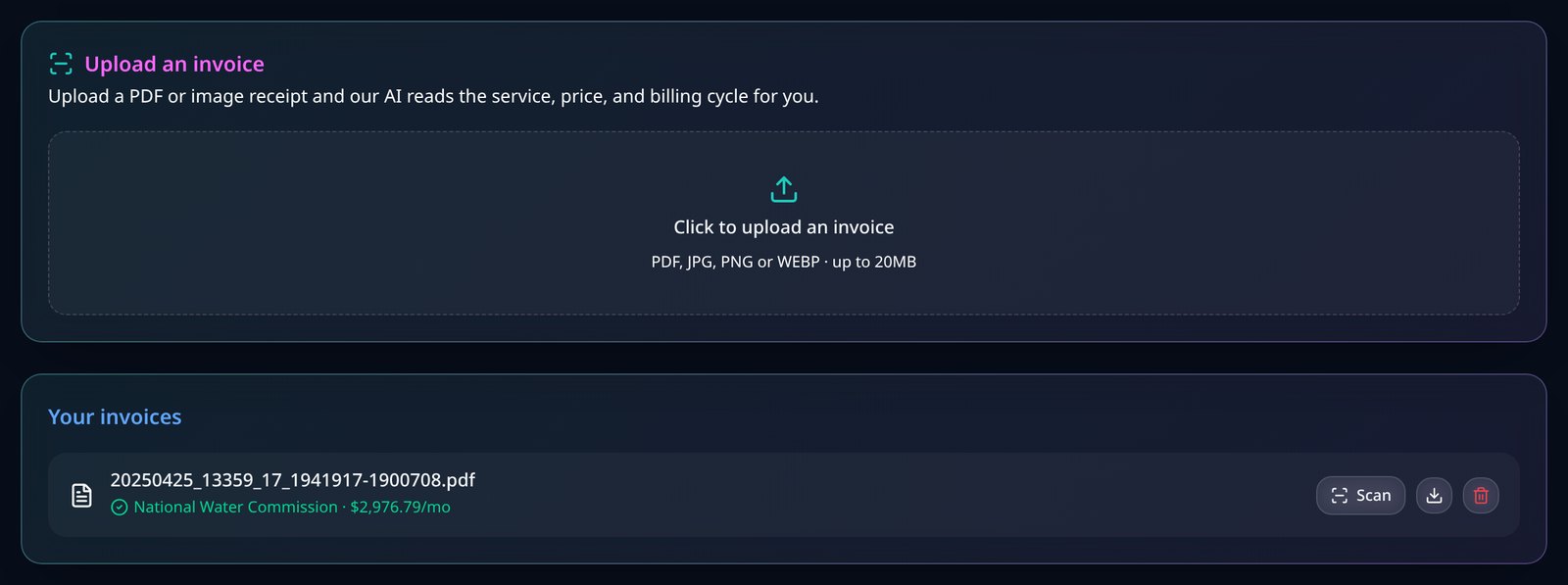 Screenshot of the VesperForge invoice upload panel with a scanned PDF showing the extracted service and price