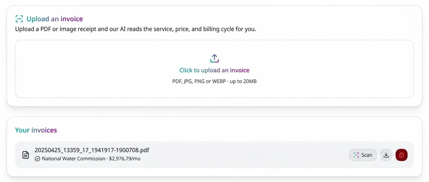Screenshot of the VesperForge invoice upload panel with a scanned PDF showing the extracted service and price