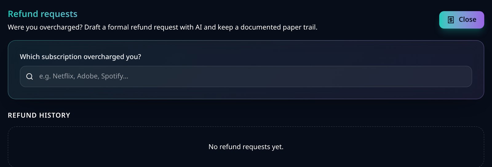 Screenshot of the VesperForge refund request panel asking which subscription overcharged you