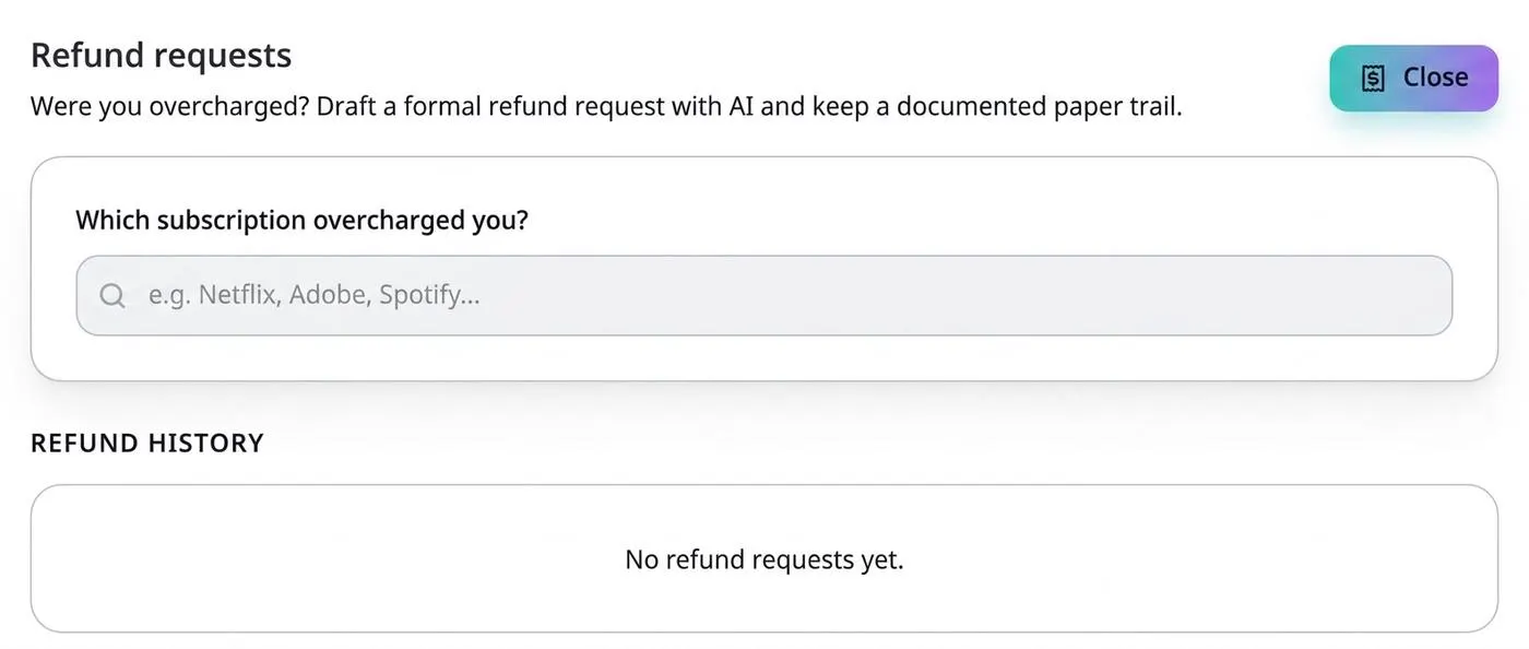 Screenshot of the VesperForge refund request panel asking which subscription overcharged you