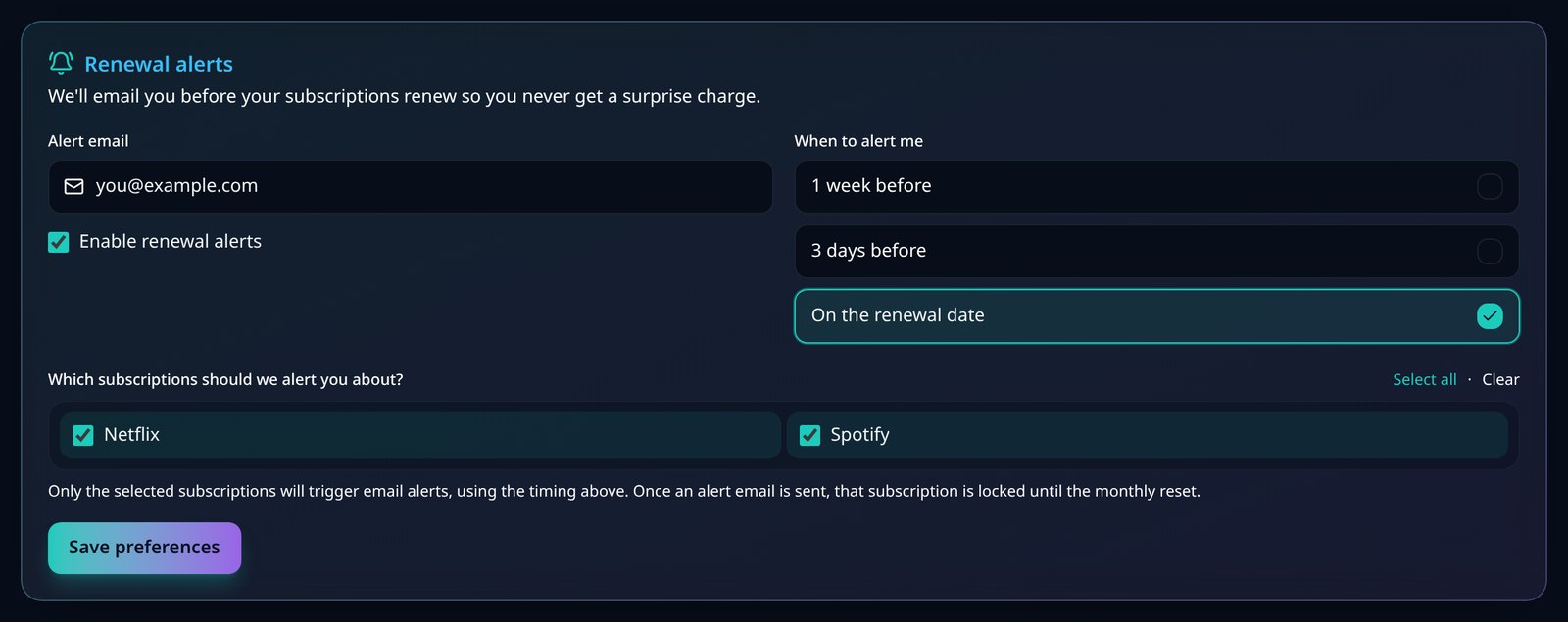 Screenshot of VesperForge renewal alert settings showing alert email, timing options and selected subscriptions