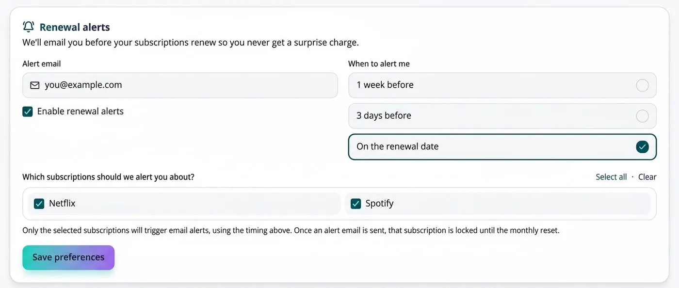 Screenshot of VesperForge renewal alert settings showing alert email, timing options and selected subscriptions