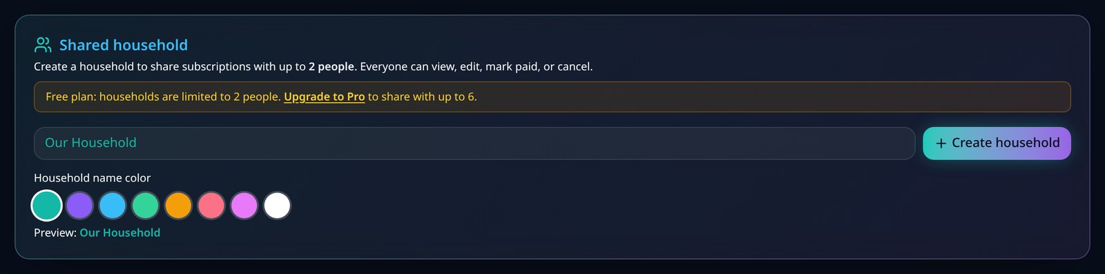 Screenshot of the VesperForge Shared household panel with household name, colour picker and plan limits