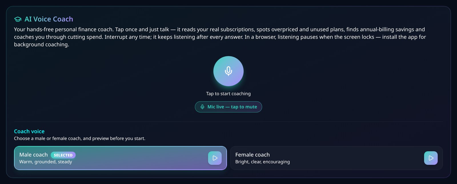 Screenshot of the VesperForge AI Voice Coach panel with the microphone button and male or female coach voice options