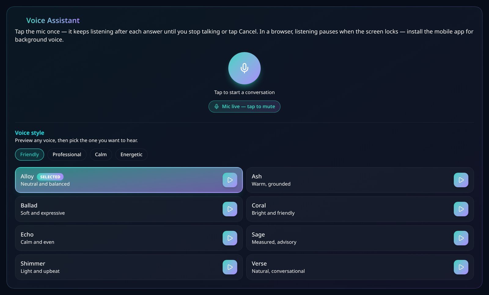 Screenshot of the VesperForge Voice Assistant with the microphone button and selectable voice styles