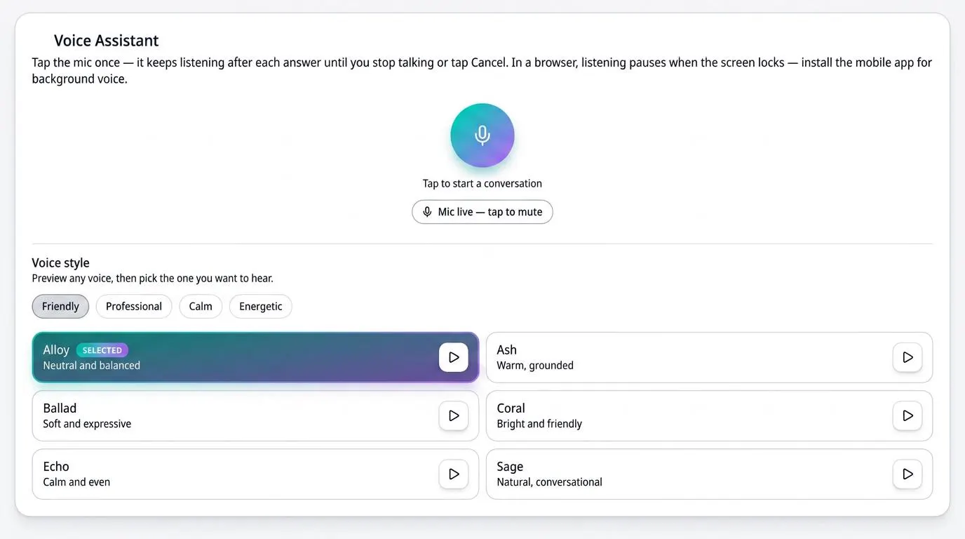 Screenshot of the VesperForge AI Assistant MCP connections panel showing Claude, Grok, and Alexa integrations